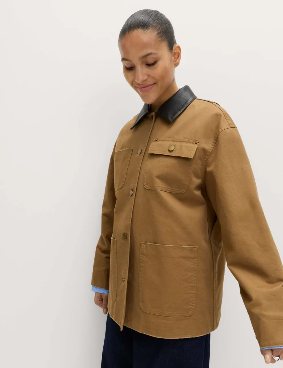 Pure Cotton Faux Leather Collared Barn Jacket