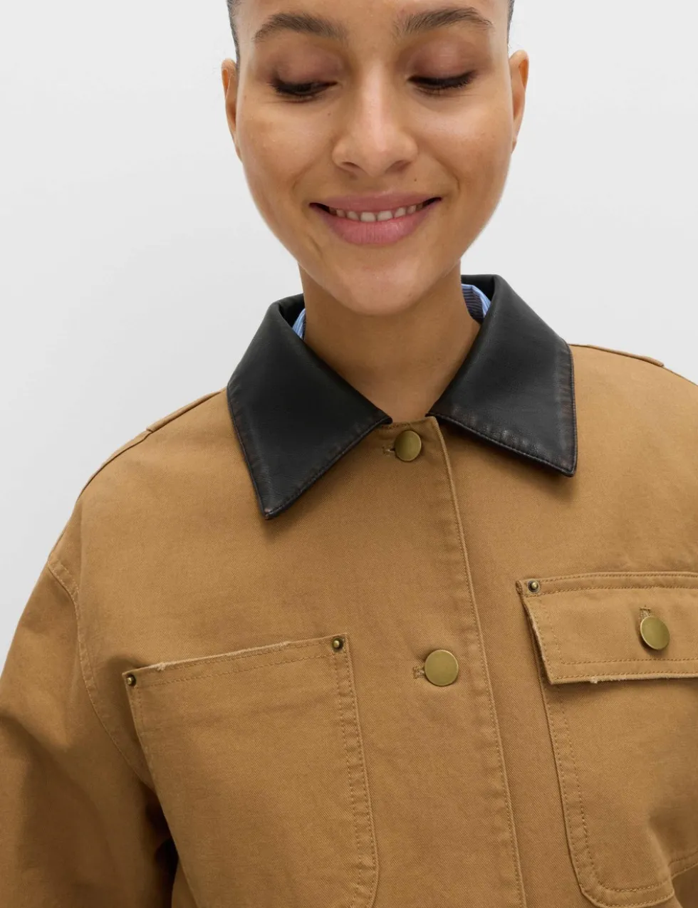 Pure Cotton Faux Leather Collared Barn Jacket