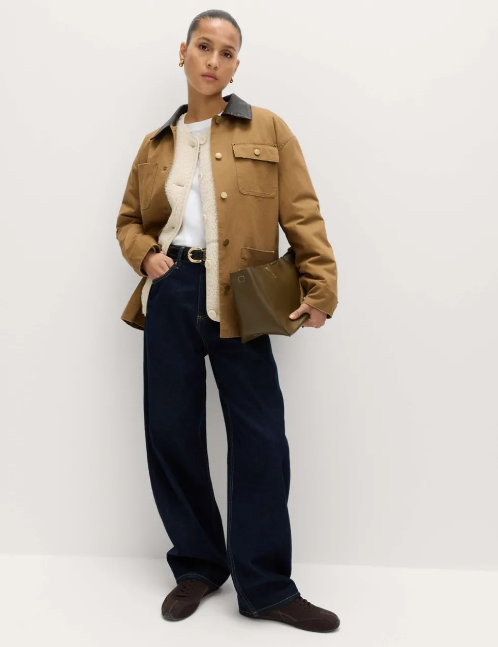 Pure Cotton Faux Leather Collared Barn Jacket