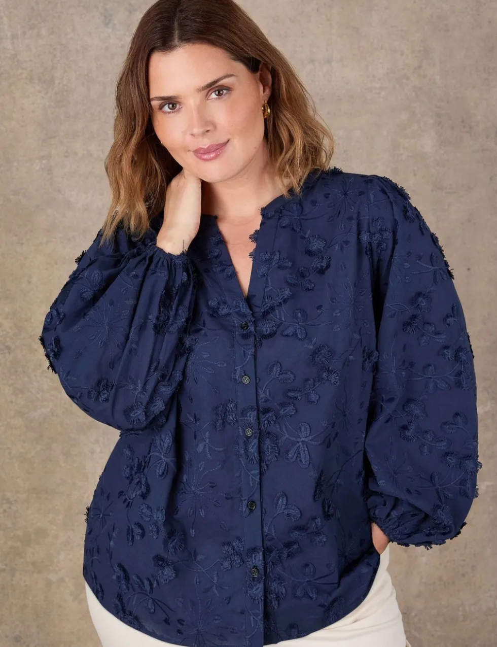 Pure Cotton Floral Appliqué Puff Sleeve Blouse