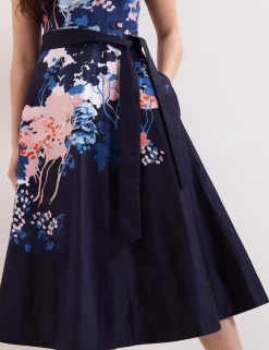 Pure Cotton Floral Belted Midi Skater Dress