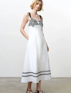 Pure Cotton Floral Embroidery U-Wire Midi Dress