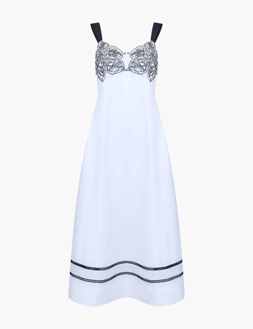 Pure Cotton Floral Embroidery U-Wire Midi Dress