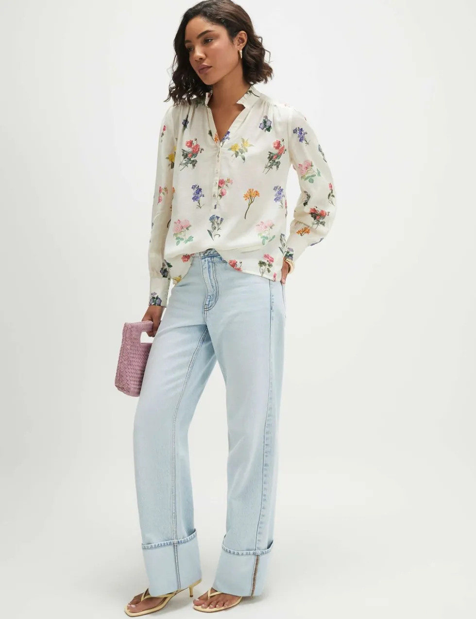 Pure Cotton Floral Frill Neck Blouse