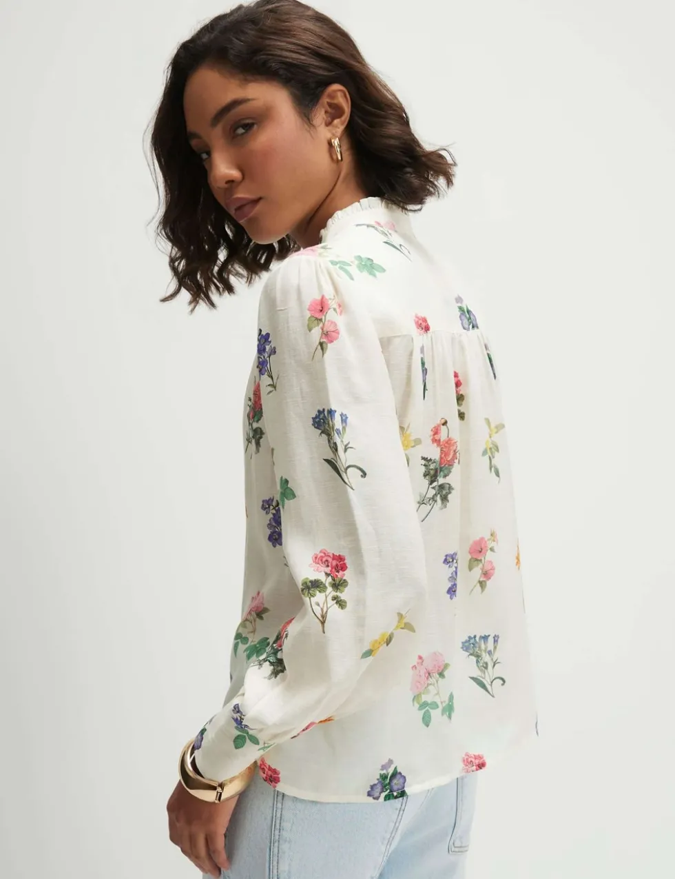 Pure Cotton Floral Frill Neck Blouse