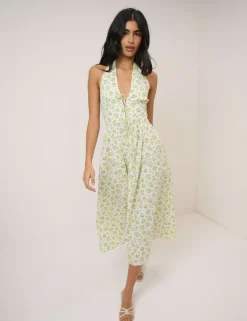 Pure Cotton Floral Halter Neck Midi Dress