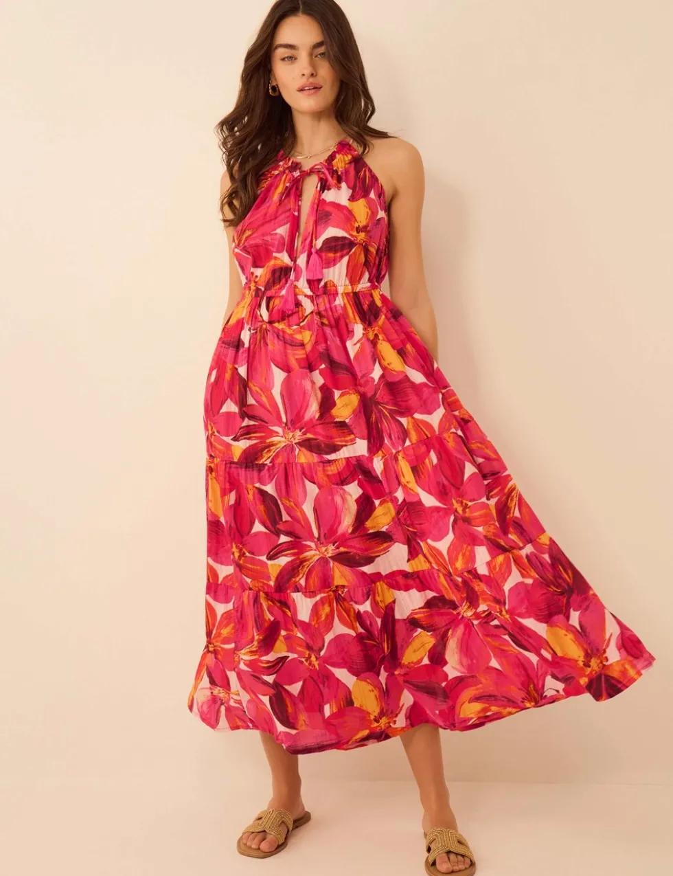 Pure Cotton Floral Halter Neck Beach Dress