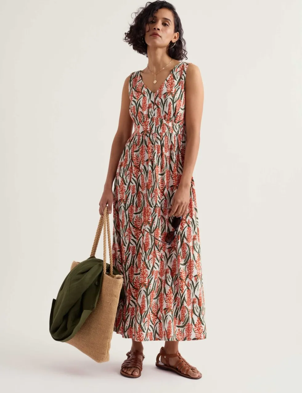 Pure Cotton Floral Midaxi Waisted Dress