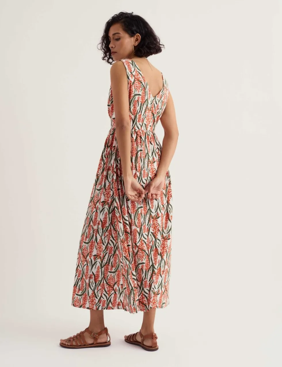 Pure Cotton Floral Midaxi Waisted Dress