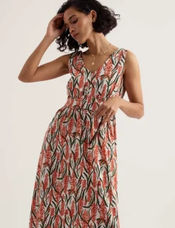 Pure Cotton Floral Midaxi Waisted Dress