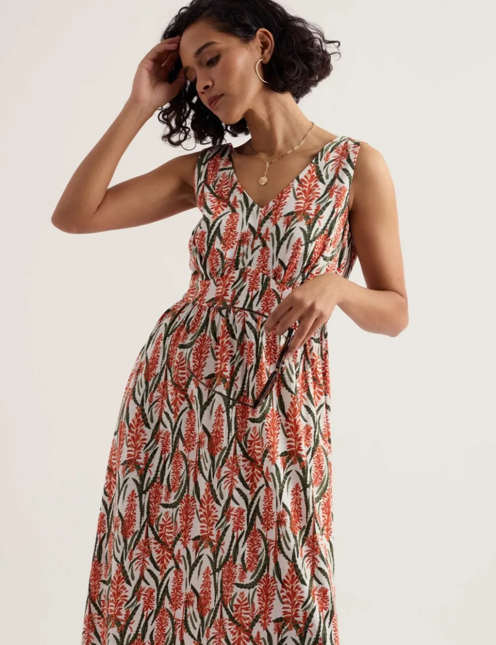 Pure Cotton Floral Midaxi Waisted Dress