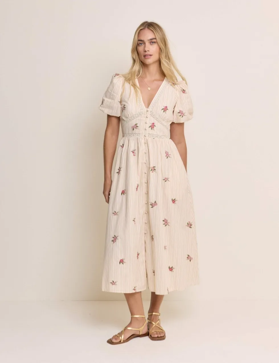 Pure Cotton Floral Midaxi Waisted Dress