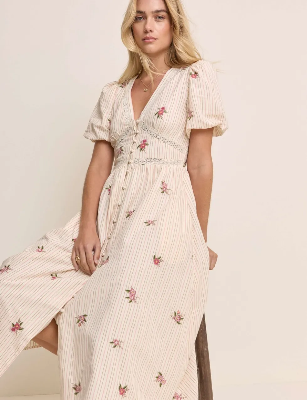 Pure Cotton Floral Midaxi Waisted Dress