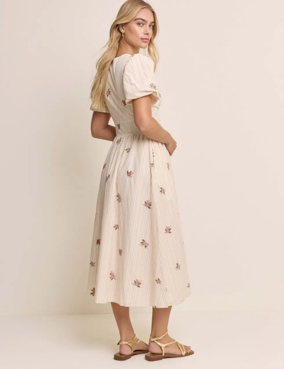 Pure Cotton Floral Midaxi Waisted Dress