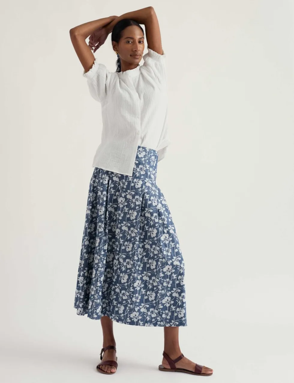 Pure Cotton Floral Midi A-Line Skirt