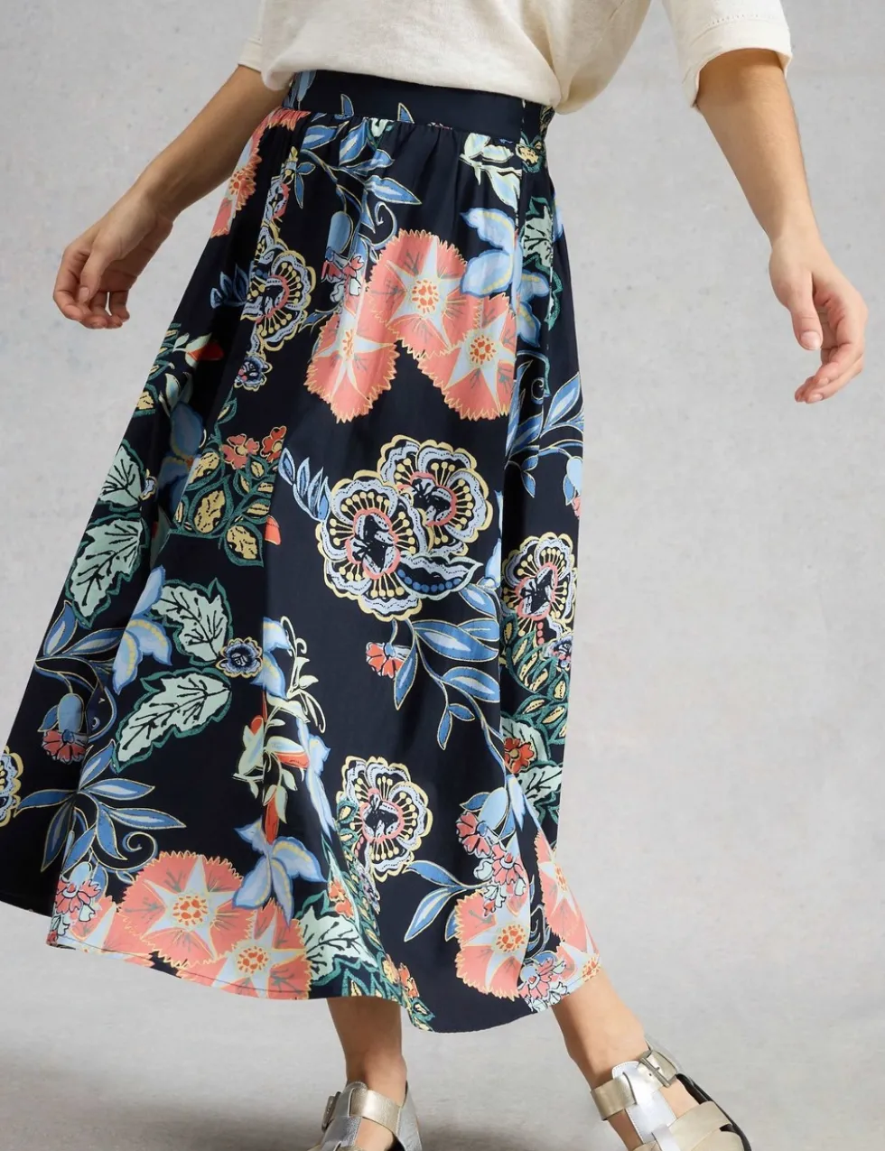Pure Cotton Floral Midi A-Line Skirt