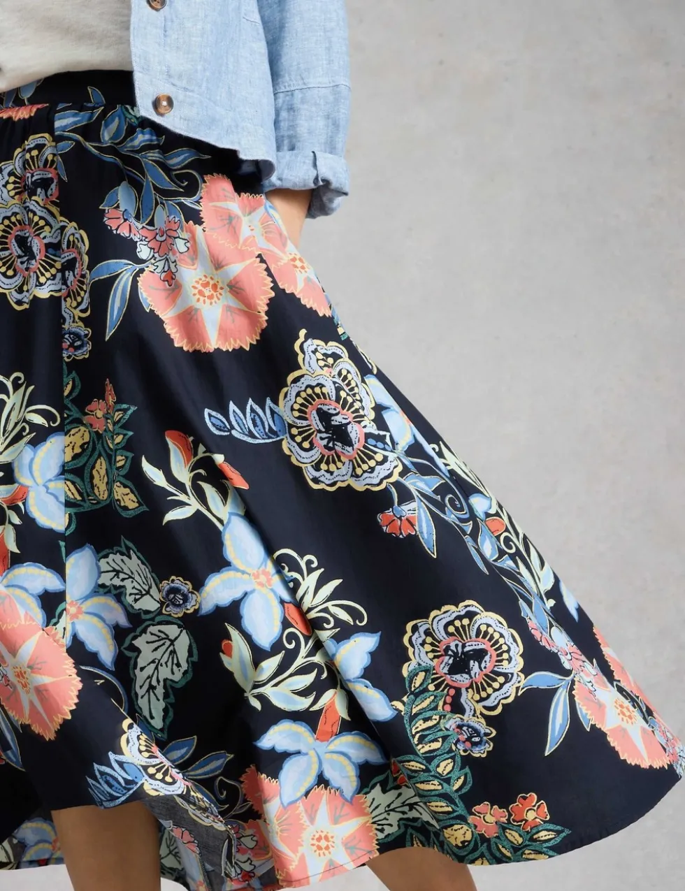 Pure Cotton Floral Midi A-Line Skirt