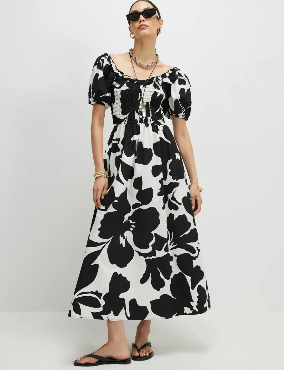 Pure Cotton Floral Midi Shirred Dress