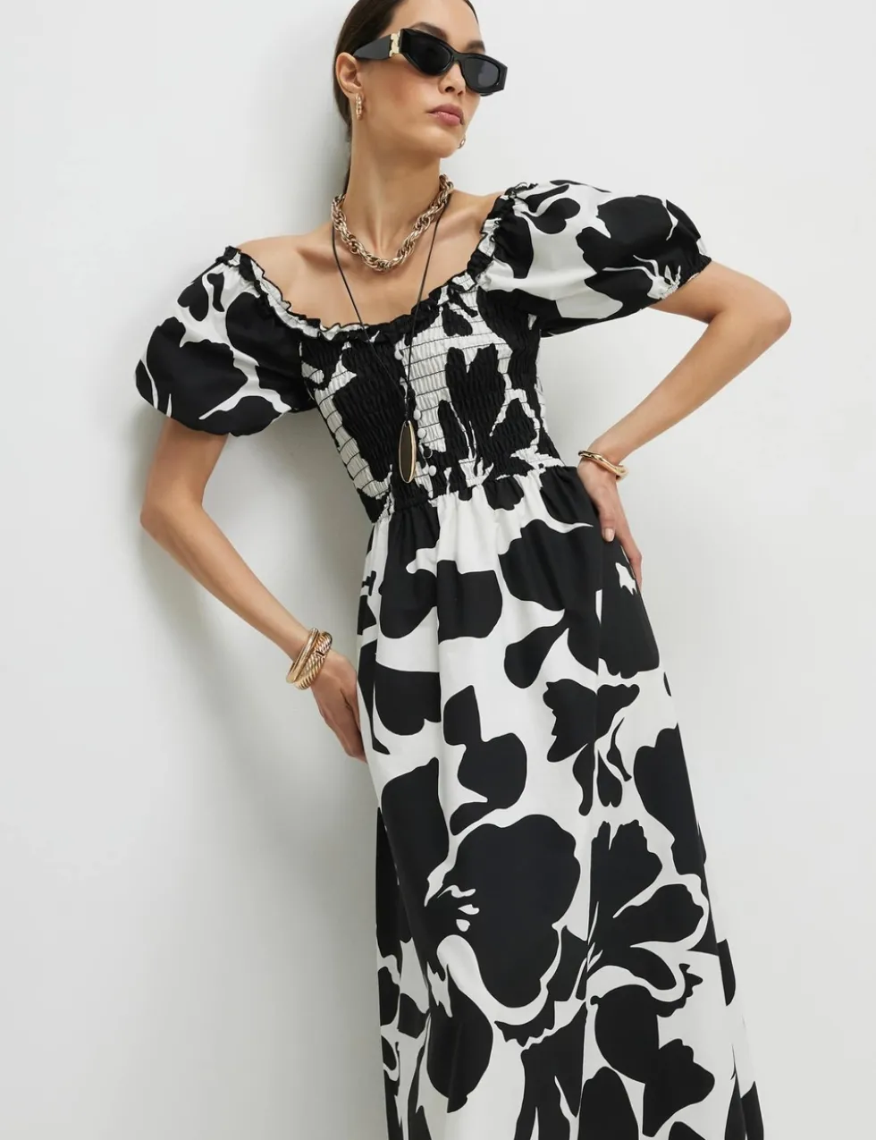 Pure Cotton Floral Midi Shirred Dress