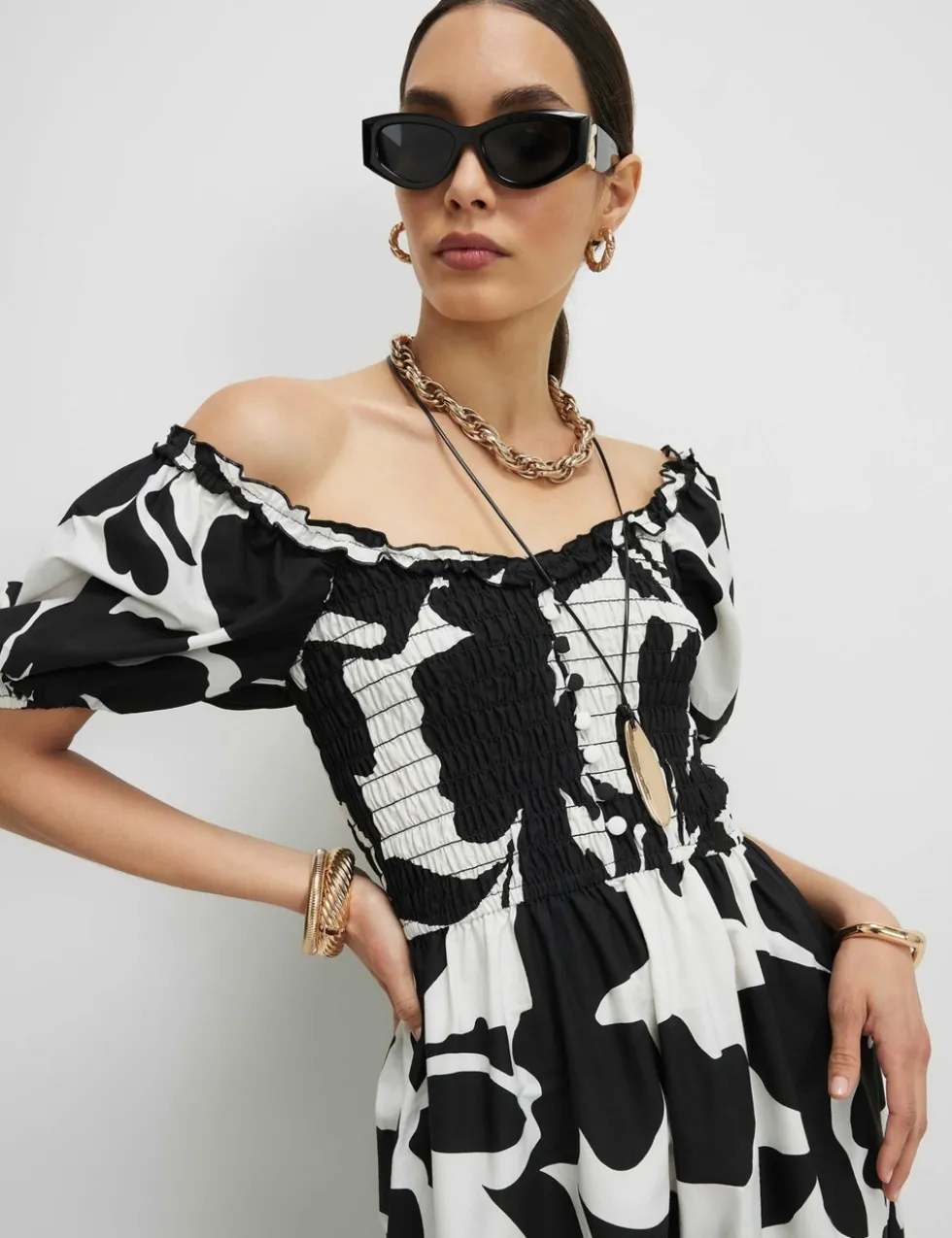Pure Cotton Floral Midi Shirred Dress