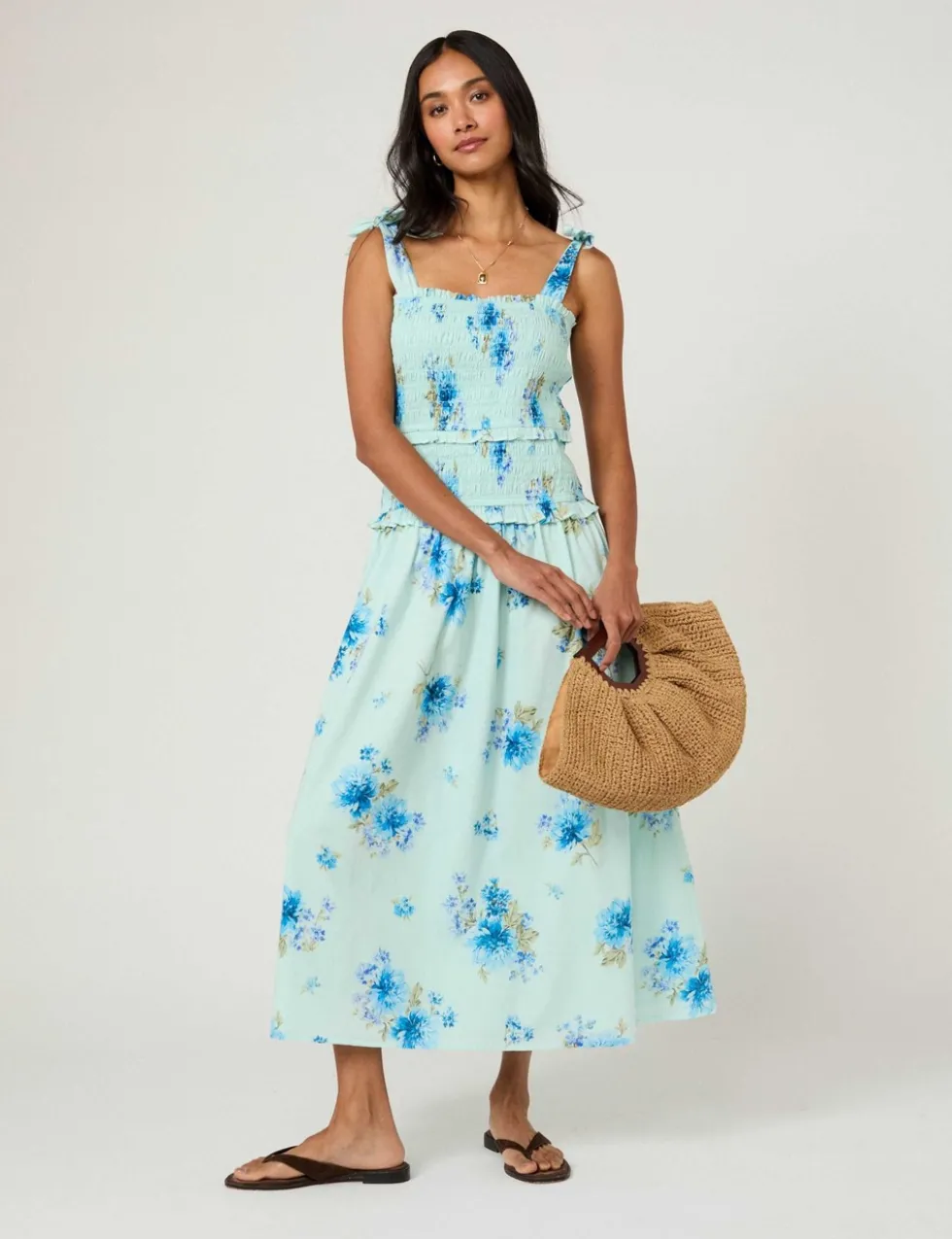Pure Cotton Floral Midi Shirred Dress