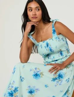 Pure Cotton Floral Midi Shirred Dress