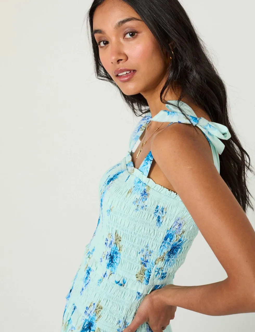 Pure Cotton Floral Midi Shirred Dress