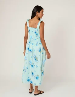 Pure Cotton Floral Midi Shirred Dress