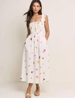 Pure Cotton Floral Midi Shirred Dress