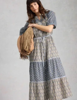 Pure Cotton Floral Midi Tiered Dress