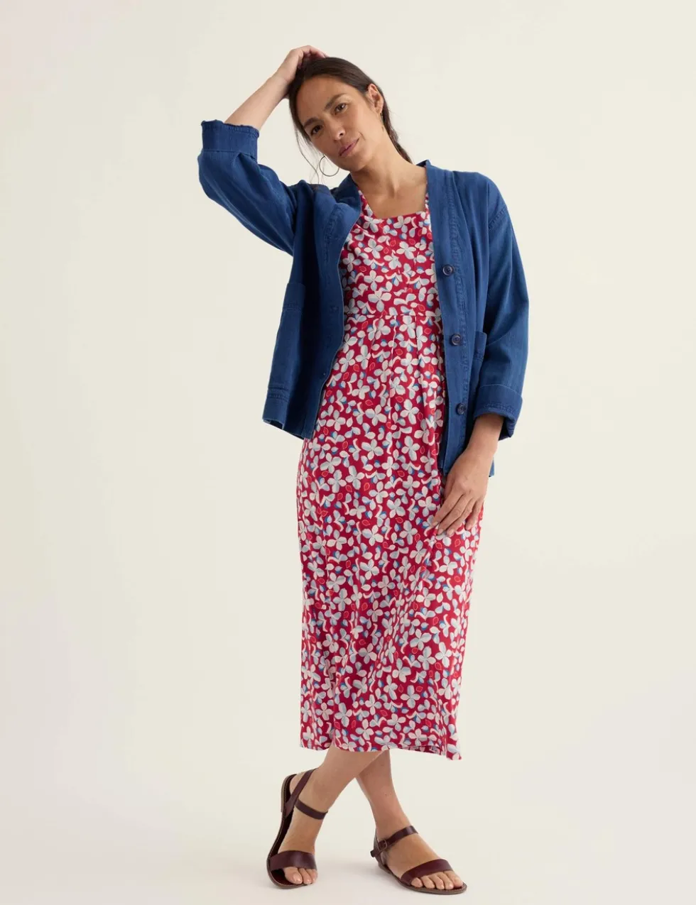 Pure Cotton Floral Midi Waisted Dress