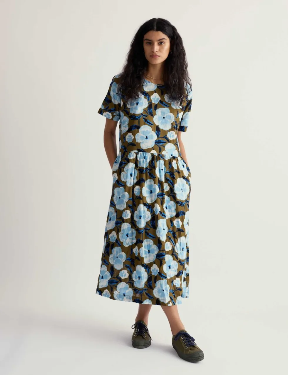 Pure Cotton Floral Midi Waisted Dress
