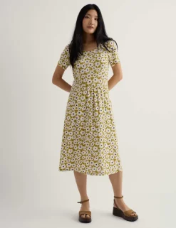 Pure Cotton Floral Midi Waisted Dress