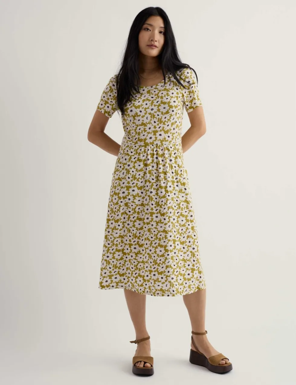 Pure Cotton Floral Midi Waisted Dress