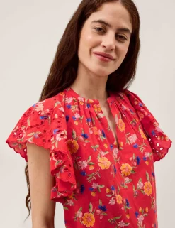 Pure Cotton Floral Notch Neck Blouse