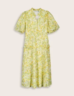 Pure Cotton Floral Puff Sleeve Midi Dress