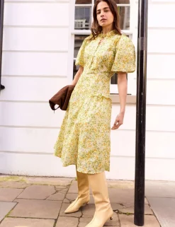 Pure Cotton Floral Puff Sleeve Midi Dress