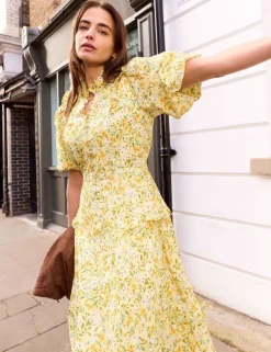 Pure Cotton Floral Puff Sleeve Midi Dress