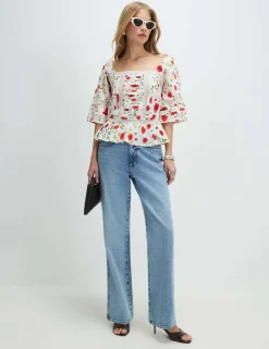 Pure Cotton Floral Relaxed Peplum Blouse