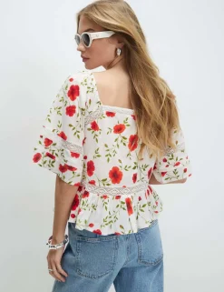 Pure Cotton Floral Relaxed Peplum Blouse