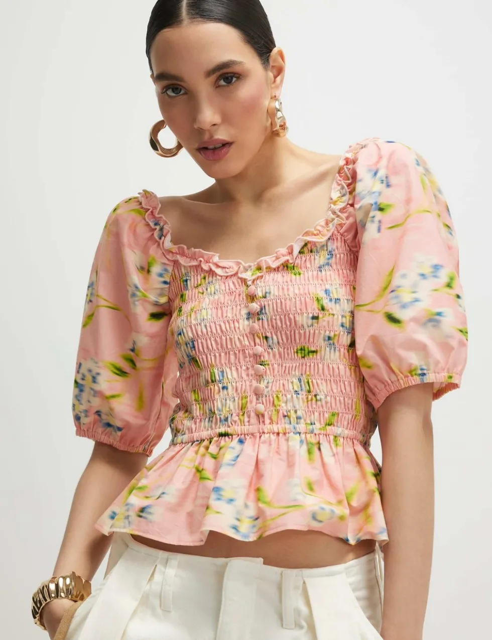 Pure Cotton Floral Shirred Puff Sleeve Top