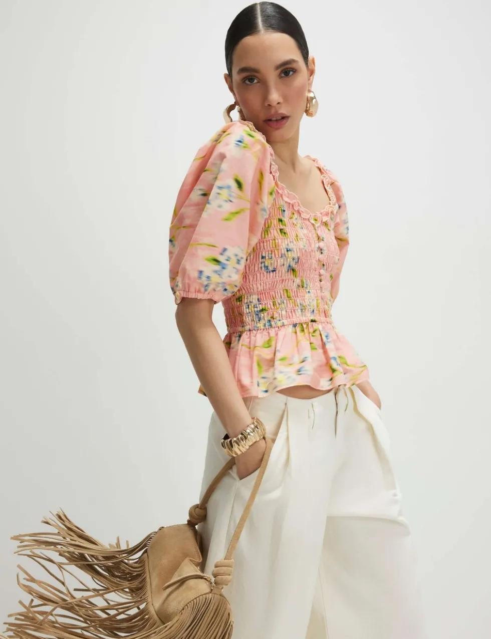 Pure Cotton Floral Shirred Puff Sleeve Top