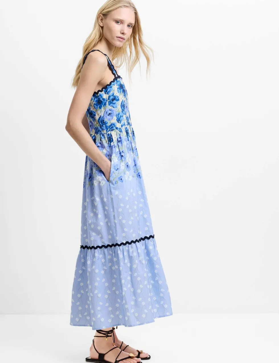 Pure Cotton Floral Square Neck Midaxi Dress