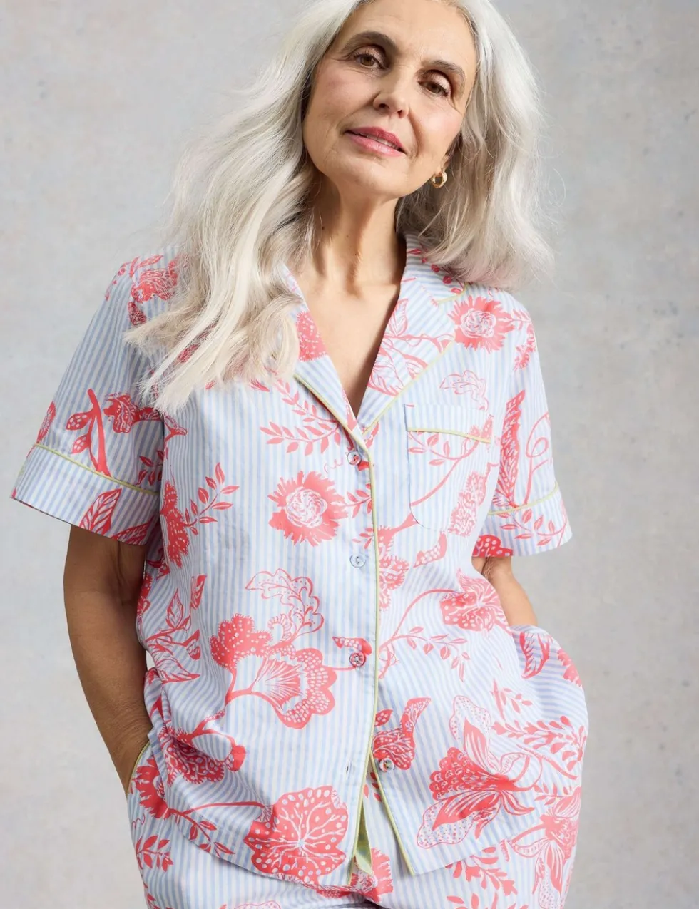 Pure Cotton Floral Striped Revere Pyjama Top