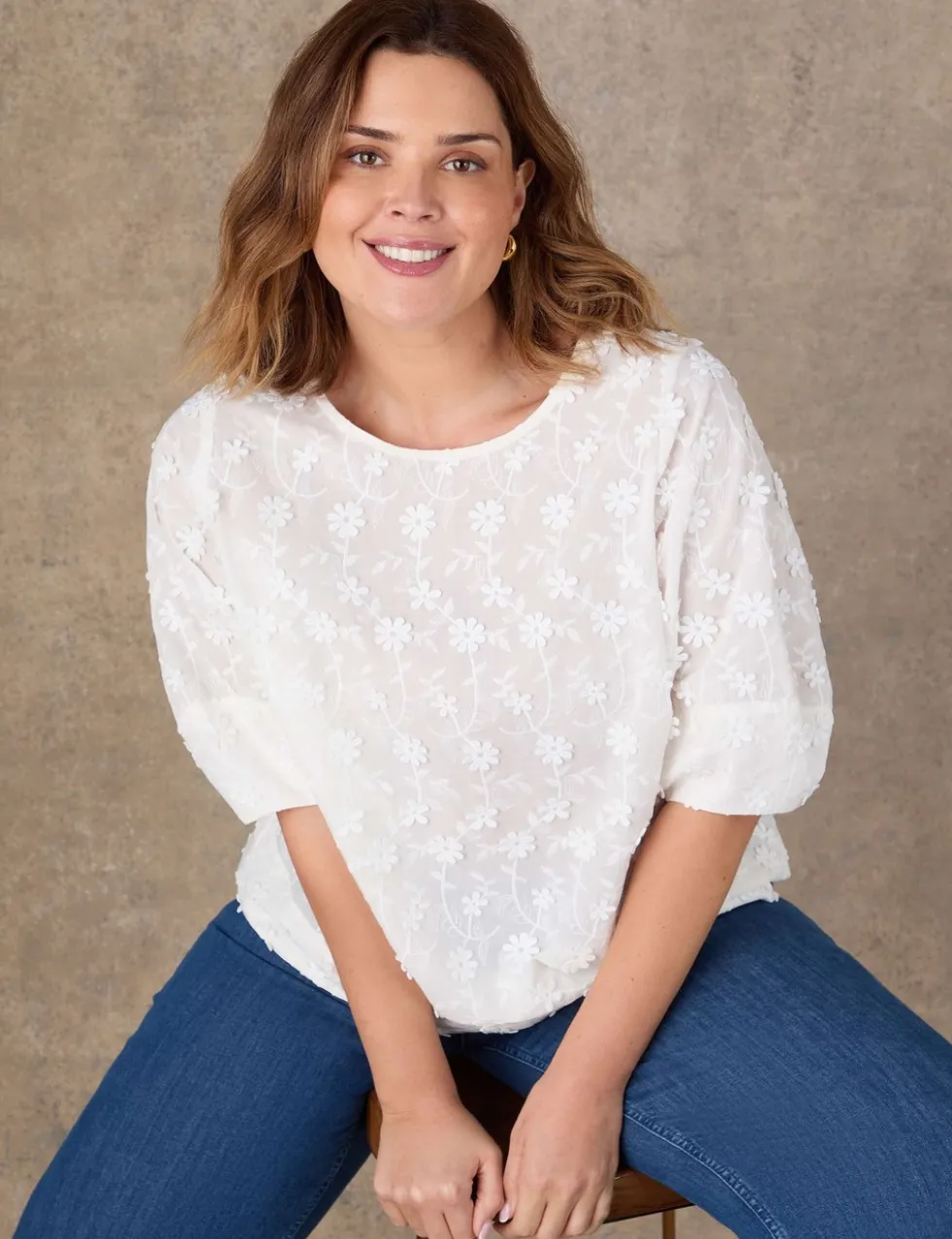 Pure Cotton Floral Tapered Sleeve Top