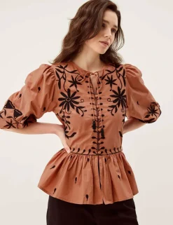 Pure Cotton Floral Tie Neck Blouse