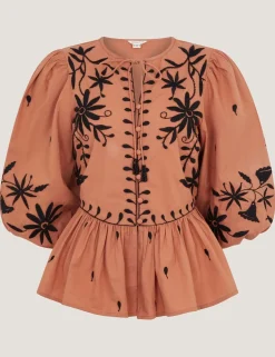Pure Cotton Floral Tie Neck Blouse