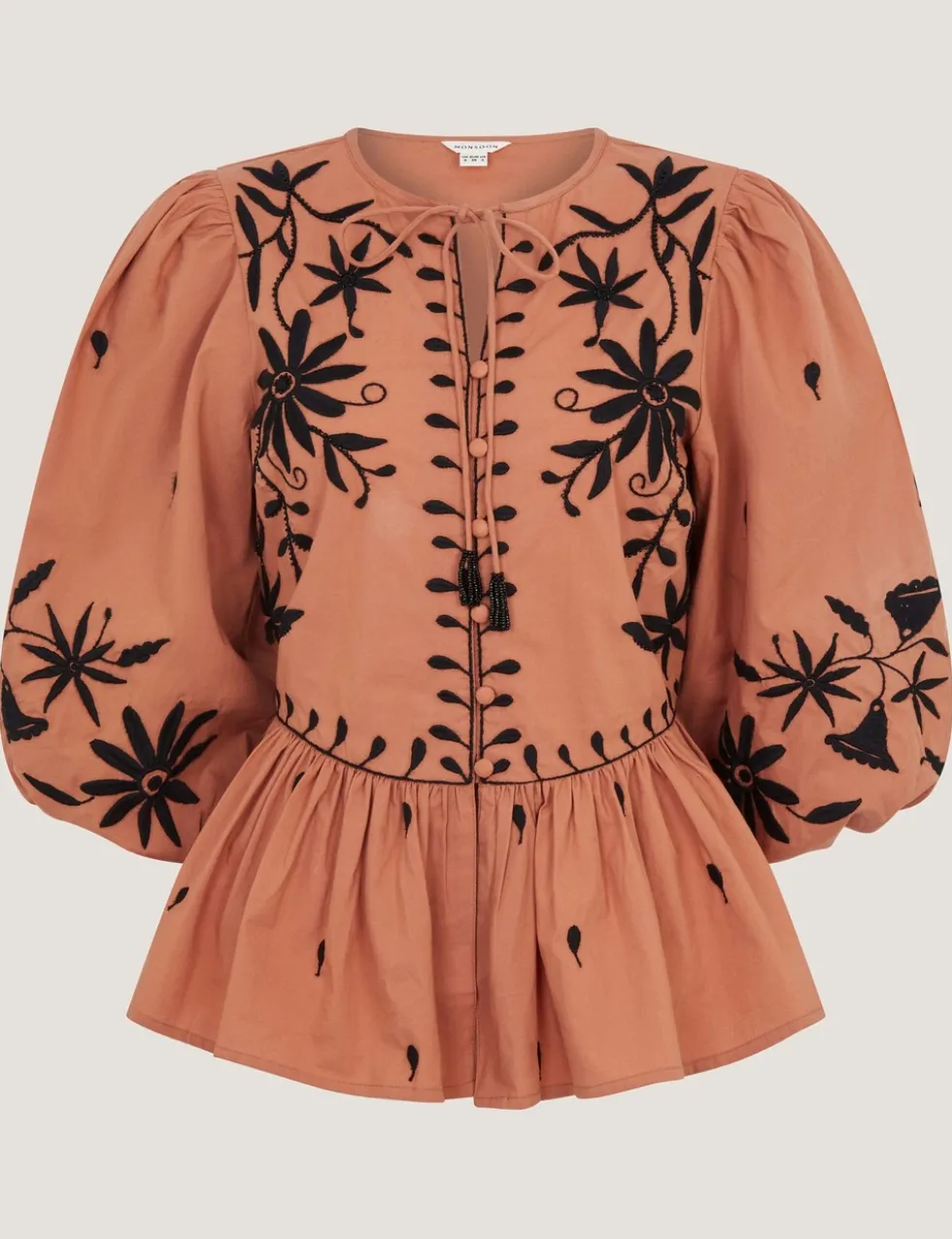 Pure Cotton Floral Tie Neck Blouse