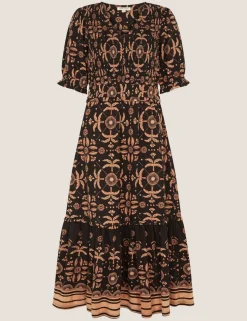 Pure Cotton Floral V-Neck Midi Waisted Dress