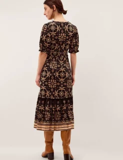 Pure Cotton Floral V-Neck Midi Waisted Dress